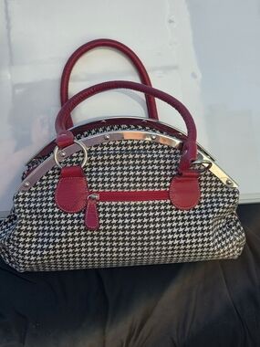 Houndstooth Ladies Satchel Handbag Purse with Red Trim and Handles
